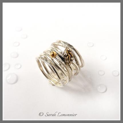 Bague semainier irrégulière feuilles d argent et d or jaune