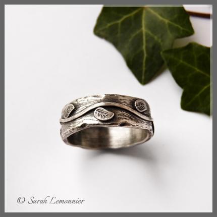 Anneau large pour homme végétal feuilles et liane d argent