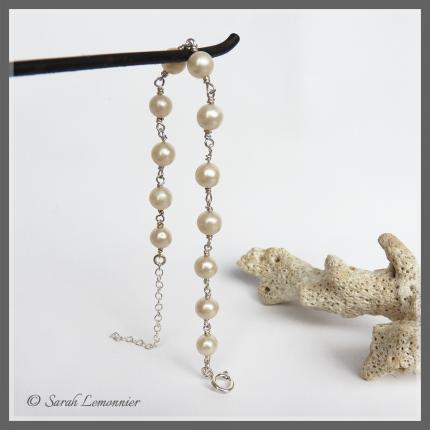 Bracelet de mariage en argent avec des perles de culture blanches rondes